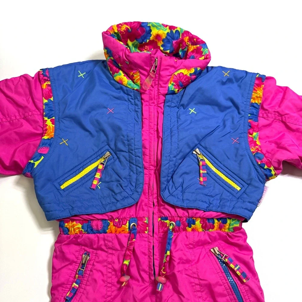 Vintage 90's Obermeyer Snow Suit 3 Pink Blue Floral Maui I-Grow One Piece Ski
